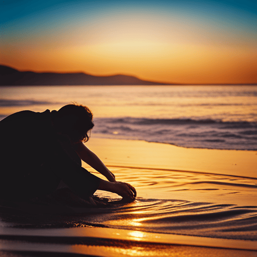 An image featuring a serene beach at sunset, with a solitary figure standing at the water's edge, immersed in deep thought